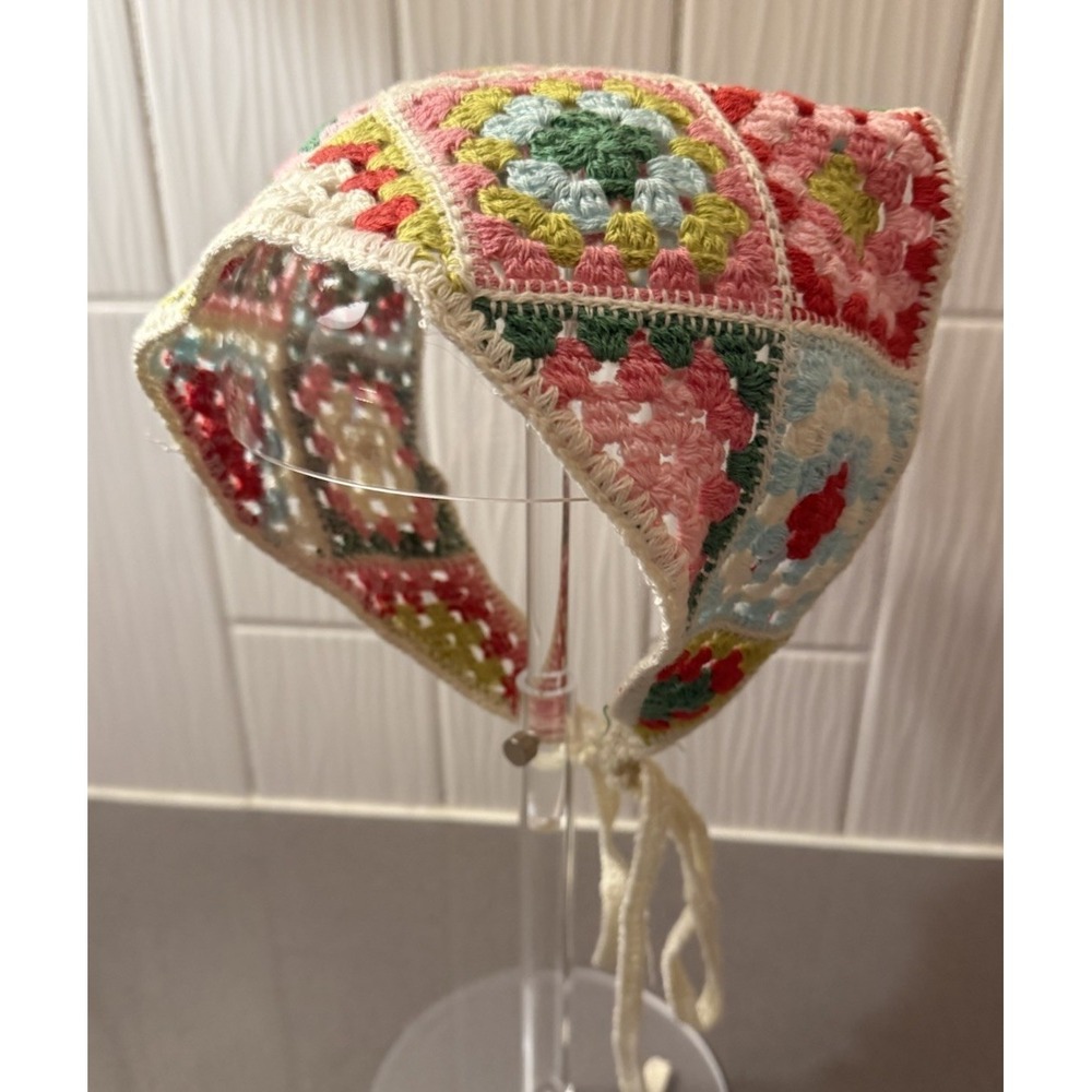 Handmade Crochet Granny Square Bandana Kerchief Scarf Cottagecore Boho Tie Back